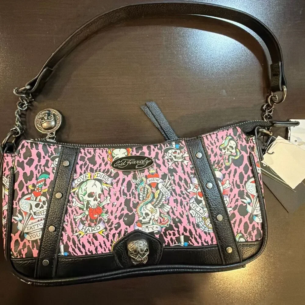 NWT Ed Hardy pink‎ leopard tattoo baguette bag